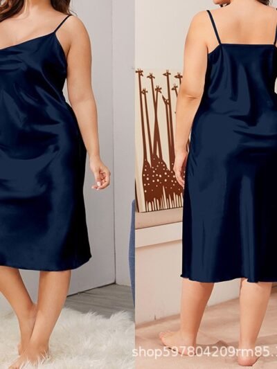 Plus size ice silk nightdress women's summer one-piece swing collar suspender loose loungewear